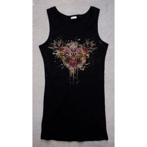 Ladies Top No Boundries Black Tank Retro Design Rhinestones M